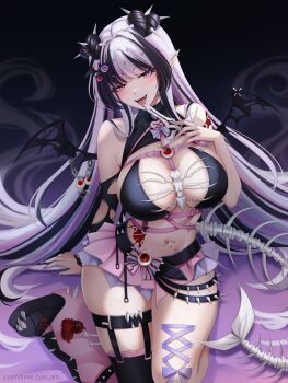  1girl absurdres bat_wings belt black_belt black_bra black_collar black_streaks blunt_bangs bra breasts chest_harness collar commentary commission corset_piercing dagger double_bun ear_piercing english_commentary fangs fingernails hair_bun hair_ornament hair_sprinkles hand_up harness heart_hair_bun heterochromia highres hime_tyan_art holding holding_dagger holding_knife holding_weapon indie_virtual_youtuber knife large_breasts licking licking_blade licking_weapon long_hair looking_at_viewer microskirt multicolored_hair nail_polish navel navel_piercing open_mouth piercing pink_eyes pink_skirt pointy_ears purple_background purple_eyes purple_hair skeletal_tail skirt smile solo spikes sprinkle_hershy sprinkles streaked_hair tail tongue tongue_out torn_wings underwear vampire virtual_youtuber weapon wings 