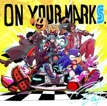 1girl 6+boys afro amamiya_ren animal_ear_headphones animal_ears animal_nose baseball_bat beard black_coat black_fur black_hair black_shirt black_shorts blinking_inside_eyes blue_fur body_fur box_body bracelet brown_hair buck_teeth cat_ear_headphones cat_ears chinstrap_beard closed_mouth coat collared_shirt colored_skin commentary_request crossover domino_mask english_text eye_mask facial_hair fake_animal_ears finish_line formal_clothes full_body furry furry_male gloves gold_bracelet gold_necklace green_eyes hair_between_eyes hatsune_miku headphones hedgehog_boy hero's_bat highres holding holding_baseball_bat jacket jewelry joker_(persona_5) kasuga_ichiban leggings license_plate long_hair long_sleeves looking_at_viewer male_focus mask minecraft minecraft_(style) motor_vehicle multicolored_fur multiple_boys necklace open_clothes open_jacket open_mouth pac-man pac-man_(game) pac-man_eyes pants persona persona_5 pink_leggings pungter red_eyes red_fur red_gloves red_jacket red_pants red_shoes red_suit ryuu_ga_gotoku_(series) ryuu_ga_gotoku_7 sega shadow_the_hedgehog shirt shoes short_hair shorts signature smile sonic_(series) sonic_racing:_crossworlds sonic_the_hedgehog sponge spongebob_squarepants spongebob_squarepants_(series) steve_(minecraft) suit teeth twintails two-tone_fur very_long_hair vocaloid white_gloves white_jacket white_mask white_shirt white_shoes yakuza yellow_skin