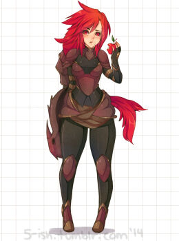  1girl apple armor blush breasts eating female_focus food fruit full_body ironscale_shyvana league_of_legends long_hair medium_breasts red_eyes red_hair shyvana solo  rating:General score:20 user:omega999