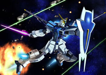  absurdres assault_visor commentary_request commission energy_beam energy_sword explosion green_visor gundam gundam_seed gundam_seed_destiny highres holding holding_shield holding_sword holding_weapon jetpack mecha mecha_focus mechanical_wings mobile_suit nagi_(user_dwyh2252) no_humans robot science_fiction shield skeb_commission solo space sword thrusters v-fin weapon windam_(gundam_seed) wings 