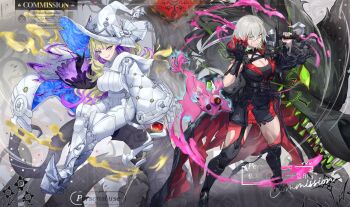  2girls black_hood blonde_hair blue_eyes bodysuit breasts cleavage commentary_request detached_sleeves diabellstar_the_black_witch diabellze_the_original_sinkeeper duel_monster eye_of_horus green_eyes grey_hair hat highres holding holding_weapon hsin large_breasts looking_at_viewer magic_arm multicolored_hair multiple_girls muscular muscular_female pantyhose red_pantyhose single_detached_sleeve single_sleeve snake-eyes_poplar streaked_hair sword very_long_fingernails weapon white_bodysuit white_hat witch witch_hat yu-gi-oh! 