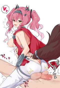  1boy 1girl ball_busting black_bow black_hairband bow breasts breasts_out hairband heart looking_at_viewer lupa_(wuthering_waves) motu3811 o-ring o-ring_top pink_hair sitting sitting_on_person sitting_on_testicles smile spoken_heart tail wolf_tail wuthering_waves 