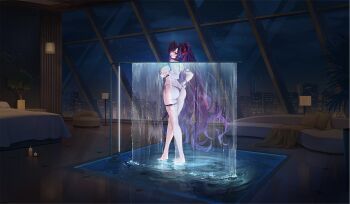 1girl absurdres adjusting_clothes adjusting_swimsuit armlet ass azur_lane barefoot bikini breasts butt_crack cityscape full_body game_asset hair_ribbon highres horns indoors jewelry large_breasts long_hair looking_at_viewer looking_back mouth_hold night non-web_source o-ring o-ring_bikini official_art purple_bikini purple_eyes purple_hair red_horns red_ribbon ribbon side-tie_bikini_bottom skindentation solo swimsuit thigh_strap u-2501_(azur_lane) u-2501_(treasure_behind_the_water_curtain)_(azur_lane) very_long_hair 