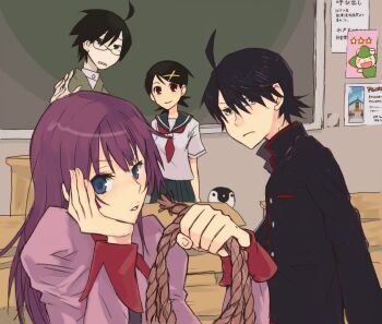  2boys 2girls ahoge araragi_koyomi arm_up bakemonogatari bird black_hair blue_eyes blue_sailor_collar blue_skirt chalkboard classroom commentary_request company_connection fuura_kafuka gakuran glasses hair_ornament holding holding_rope itoshiki_nozomu japanese_clothes kimono long_hair looking_at_viewer monogatari_(series) multiple_boys multiple_girls naoetsu_high_school_uniform neckerchief penguin purple_hair red_neckerchief rope sailor_collar sayonara_zetsubou_sensei school_uniform senjougahara_hitagi serafuku shaft_(company) shirt short_hair skirt teacher_and_student translation_request ukon voice_actor_connection white_shirt x_hair_ornament 