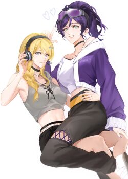  2girls ayase_eli black_choker blonde_hair blue_eyes blue_nails braid breasts choker commentary crop_top goggles goggles_on_head green_eyes hair_ornament hairclip hand_on_another's_waist headphones high_ponytail highres jacket k.jhitsugi long_hair looking_at_viewer love_live! love_live!_school_idol_project multiple_girls ponytail purple_hair purple_jacket purple_nails side_braid sitting sitting_on_lap sitting_on_person smile symbol-only_commentary tojo_nozomi yuri 