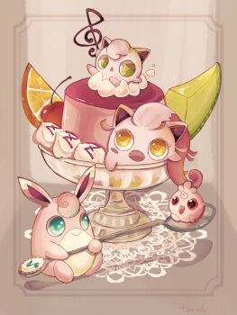  aqua_eyes bowl cherry commentary_request evolutionary_line fangs food food_focus fruit gelatin gen_1_pokemon gen_2_pokemon glass green_eyes highres holding igglybuff jigglypuff melon nintendo no_humans open_mouth orange_(fruit) pokemon pokemon_(creature) pokemon_focus red_eyes scream_tail sitting smile spoon toro_nika whipped_cream wigglytuff yellow_eyes 