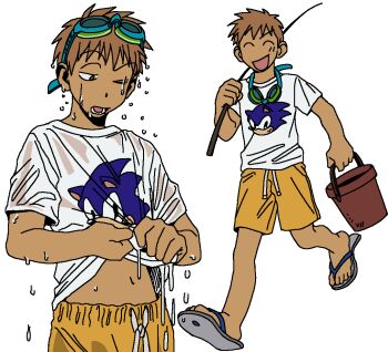  1boy brown_hair bucket clothes_lift flip-flops full_body goggles gyoi_0_0 holding holding_bucket lower_teeth_only male_focus multiple_views navel one_eye_closed open_mouth original sandals shirt shirt_lift short_hair short_sleeves shorts simple_background solo sonic_the_hedgehog swim_goggles teeth walking wet wet_clothes white_background white_shirt 
