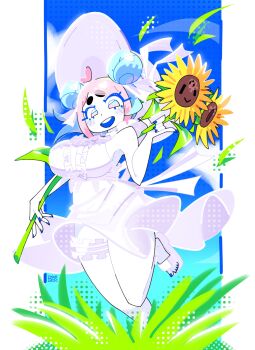  :d absurdres ahoge blue-chan_(bourbunbun) blue_hair blue_nails bourbunbun breasts colored_eyelashes colored_mouth colored_skin commentary double_bun dress english_commentary flower grass hair_bun halftone hat heart heart_ahoge highres large_breasts multicolored_hair open_mouth original pink_hair sandals short_eyebrows smile sun_hat sundress sunflower thigh_strap two-tone_hair white_dress white_skin 