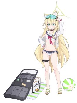  1girl absurdres alternate_costume animal_ear_fluff animal_ears arm_up ball ballistic_shield beachball bikini black_choker blonde_hair blue_archive blush breasts choker closed_mouth collarbone commentary embarrassed english_commentary fox_ears fox_girl frilled_bikini frills frown full_body furrowed_brow gluteal_fold goggles goggles_on_head green_eyes halo hand_on_own_hip highres jacket kurumi_(blue_archive) legs long_hair looking_at_viewer myuf navel nose_blush official_style open_clothes open_jacket open_mouth sailor_bikini sailor_collar sandals see-through_clothes see-through_jacket shaded_face shield sidelocks simple_background small_breasts smile solo split_mouth standing stomach swim_goggles swimsuit thigh_strap triangle_halo two_side_up very_long_hair wavy_mouth white_background white_bikini white_jacket white_sailor_collar yellow_halo 
