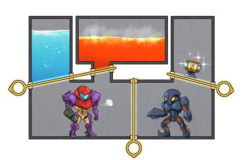  1girl arm_cannon armor assault_visor blue_visor commentary_request energy_tank escape_ad full_armor gravity_suit_(metroid) lava metroid multicolored_armor nintendo power_suit_(metroid) purple_armor samus_aran science_fiction space_pirate_(metroid) sparkle super_metroid trembling wakaba_(wata_ridley) water weapon yellow_eyes zebesian 