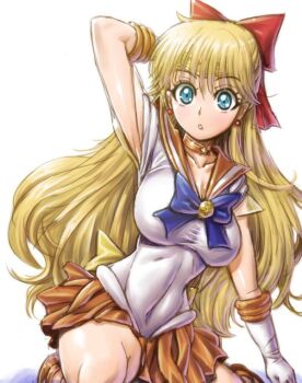  1girl :o aino_minako amania_orz armpits bishoujo_senshi_sailor_moon blonde_hair blue_eyes bow earrings gloves jewelry long_hair looking_at_viewer magical_girl miniskirt red_bow sailor_venus sitting skirt very_long_hair white_background 