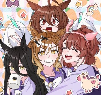  4girls :d agnes_tachyon_(umamusume) ahoge animal_ears animal_print antenna_hair black_hair bow_sticker brown_eyes brown_hair carrot_background cat_print closed_eyes coat coffee_mug collarbone covered_mouth cup dantsu_flame_(umamusume) drinking ear_covers ear_tag earrings expressionless grin hair_between_eyes hair_ornament hairband happy hashtag-only_commentary high_ponytail highres holding holding_cup holding_test_tube horse_ears horse_girl horse_tail horseshoe_ornament hug hug_from_side iseo_12 jewelry jungle_pocket_(umamusume) lab_coat long_bangs long_hair long_hair_between_eyes long_sleeves looking_at_viewer manhattan_cafe_(umamusume) medium_hair mug multicolored_hair multiple_girls necktie notched_ear open_clothes open_coat open_mouth pink_hairband pony_sticker ponytail purple_sailor_collar purple_shirt rainbow_sticker sailor_collar sailor_shirt school_uniform serafuku shirt short_hair short_ponytail single_earring sleeves_past_fingers sleeves_past_wrists smile star_(symbol) star_sticker sticker streaked_hair tail teeth test_tube tracen_school_uniform twitter_username two-tone_hair umamusume upper_teeth_only v watermark web_address white_coat white_hair white_necktie winter_uniform yellow_eyes 