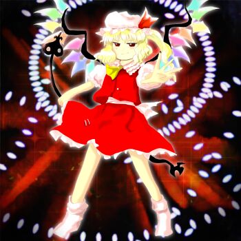  1girl ascot blonde_hair collared_shirt commentary crystal crystal_wings curly_hair danmaku flandre_scarlet frilled_skirt frilled_sleeves frills hat laevatein_(touhou) light_blush miura_(herselves) mob_cap no_shoes puffy_short_sleeves puffy_sleeves red_eyes red_vest ribbon shirt short_sleeves skirt skirt_set socks solo touhou vest white_hat white_shirt wings yellow_ascot zun_(style) 