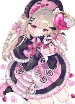  1girl absurdres beeeeee4 black_bow black_capelet black_ribbon black_sleeves black_socks blonde_hair blunt_bangs blush bonnet bow brooch capelet chinstrap closed_mouth colored_inner_hair dress drill_hair ear_chain earclip earrings footwear_bow frilled_bonnet frilled_capelet frilled_dress frilled_sleeves frills from_above full_body hair_intakes hair_ornament hair_ribbon hashtag-only_commentary heart heart_brooch heart_wand highres holding holding_wand jewelry linked_piercing long_hair long_sleeves magical_girl makaino_ririmu multicolored_hair neck_ribbon nijisanji official_alternate_costume official_alternate_hairstyle piercing pink_bow pink_dress pink_hair pink_ribbon pink_shoes pink_streaks platform_shoes pointy_ears puffy_long_sleeves puffy_sleeves red_eyes red_ribbon ribbon shoes sidelocks simple_background sitting socks solo star-shaped_pupils star_(symbol) streaked_hair symbol-shaped_pupils two-tone_hair two_side_up virtual_youtuber wand wariza white_background white_ribbon winged_heart winged_wand x_hair_ornament 