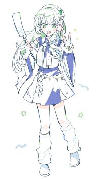  1girl :d blue_skirt commentary detached_sleeves frog_hair_ornament full_body gohei green_eyes green_hair green_nails hair_ornament highres holding holding_gohei kochiya_sanae leg_warmers long_hair long_sleeves looking_at_viewer mozukuzu_(manukedori) nail_polish open_mouth shirt shoes simple_background skirt smile snake_hair_ornament solo standing star_(symbol) symbol-only_commentary touhou v white_background white_leg_warmers white_shirt 