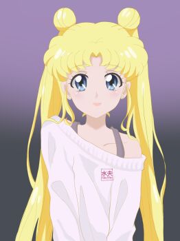  1girl absurdres bishoujo_senshi_sailor_moon bishoujo_senshi_sailor_moon_crystal blonde_hair blue_eyes closed_mouth commentary double_bun earrings english_commentary foxy_nata gradient_background hair_bun highres jewelry long_hair single_off_shoulder smile solo split_mouth sweater tsukino_usagi twintails upper_body white_sweater 