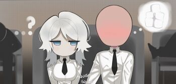  ... 1boy 1girl ? black_necktie blue_eyes blush breasts faceless faceless_male faust_(project_moon) grabbing_another's_thighs large_breasts limbus_company looking_at_another medium_hair necktie project_moon shirt speech_bubble thought_bubble vammzu white_hair white_shirt 
