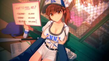  1boy 1girl 3d animated anna_anon anna_skyler_(anna_anon) artist_name baseball_cap blue_hat blue_shirt blush breasts brown_eyes brown_hair cleavage closed_mouth collarbone eyebrows_hidden_by_hair grabbing_another's_breast grin groping hat hetero koikatsu_(medium) large_breasts long_hair looking_at_viewer looping_animation matching_hair/eyes original outdoors pov pov_hands prostitution shirt shorts sitting smile solo_focus sound source_request sports_bra sunset tagme teeth tied_shirt tomboy twintails two-tone_hat two-tone_shirt two-tone_sports_bra uest video white_hat white_shirt white_shorts 