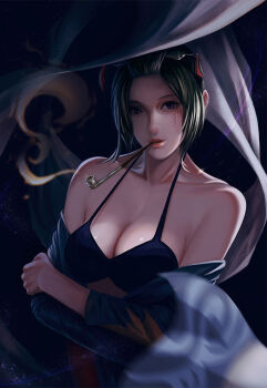  1girl black_bra black_hair bra breasts cleavage collarbone commentary gintama japanese_clothes kimono kiseru large_breasts off_shoulder ousang parted_lips purple_eyes scar scar_on_face smoke smoking_pipe solo tsukuyo_(gintama) underwear upper_body yuujo 