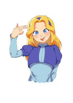  1girl absurdres blonde_hair blue_eyes blue_hairband chromodomo cropped_torso finger_gun finger_gun_to_head hairband highres maria_robotnik open_mouth smile solo sonic_(series) sonic_generations sonic_x_shadow_generations tongue tongue_out upper_body 