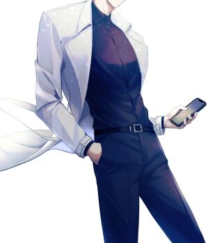  1boy abin_44 absurdres belt black_shirt coat commentary_request feet_out_of_frame hand_in_pocket hand_on_own_face highres holding holding_phone kim_dokja korean_commentary omniscient_reader's_viewpoint open_clothes open_coat phone shirt solo white_coat wind wind_lift 