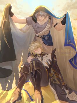  2boys alternate_form antenna_hair arm_belt blonde_hair blue_eyes boots choker cloak closed_eyes coattails collar commentary_request cracked_skin dappled_sunlight gloves highres honkai:_star_rail honkai_(series) material_growth multiple_boys phainon_(a_dream_scented_in_wheat)_(honkai:_star_rail) phainon_(honkai:_star_rail) phainon_(khaslana)_(honkai:_star_rail) shade shirt short_hair spiked_hair sunlight tailcoat tanemaki_monaka toned toned_female white_hair 