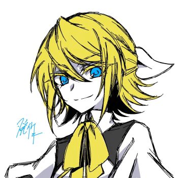  1girl blonde_hair blue_eyes bow chaban_capriccio_(vocaloid) collared_shirt colored_eyelashes commentary_request evillious_nendaiki hair_bow half_updo heartbeat_clocktower_(vocaloid) highres kagamine_rin lilith_baldured limited_palette looking_at_viewer neck_ribbon pale_skin ribbon rice_rice_2525 shirt sketch smile smug tsurime vocaloid waitress white_bow yellow_ribbon 