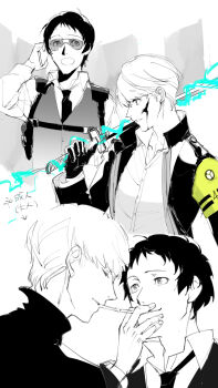  2boys adachi_tooru ajirostudio alternate_costume armband blood blood_on_face closed_mouth collared_shirt commentary_request electricity glasses highres holding holding_sword holding_weapon jacket lighting_another's_cigarette lighting_cigarette long_sleeves looking_at_another male_focus multiple_boys multiple_views mutual_cigarette_lighting narukami_yu necktie open_clothes open_jacket open_mouth over_shoulder persona persona_4 shirt short_hair simple_background spot_color sword sword_over_shoulder translation_request upper_body vest weapon weapon_over_shoulder white_background yellow_armband 