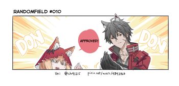  1boy 1girl animal_ear_fluff animal_ears arknights arknights:_endfield artist_name black_gloves black_hair blonde_hair brother_and_sister cape che_vuoi?_(italian_gesture) closed_mouth commentary english_commentary english_text gloves highres hood hooded_cape long_hair open_mouth red_cape rossi_(arknights) scar shared_speech_bubble shi_(shi4557) siblings speech_bubble watermark web_address wolf_ears wolf_girl wulfgard_(arknights) 