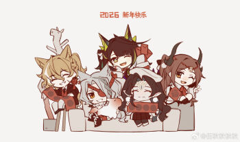  1boy 4girls alternate_costume arknights artist_name chibi chibi_only chinese_commentary chinese_new_year chinese_text chuntiao closed_eyes commentary_request couch fai_chun figurino_(arknights) five-fall good_fortune_symbol happy happy_new_year highres hongbao jieyun_(arknights) mon3tr_(arknights) multiple_girls new_year official_artist_extra on_couch one_eye_closed quartz_(arknights) v valarqvin_(arknights) watermark weibo_username weibo_watermark 