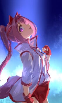  1girl animal_ears bow breasts buruma ear_bow ear_covers fingerless_gloves flower-shaped_pupils flower_in_eye gloves haru_urara_(bestest_prize)_(umamusume) haru_urara_(umamusume) headband highres horse_ears horse_girl horse_tail inishie_kumo jacket long_hair open_mouth pink_buruma pink_eyes pink_hair pink_headband ponytail red_buruma red_gloves red_headband shirt small_breasts smile solo symbol-shaped_pupils symbol_in_eye tail umamusume white_jacket white_shirt 