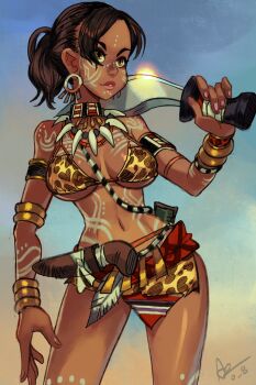  1girl alex_ahad animal_print armlet bikini bodypaint bracelet breasts brown_hair dagger dark-skinned_female dark_skin earrings facial_tattoo highres holding holding_sword holding_weapon hoop_earrings jewelry knife leopard_print leopard_print_bikini necklace official_alternate_costume over_shoulder ponytail print_bikini resident_evil resident_evil_5 sheva_alomar short_ponytail solo swimsuit sword tattoo tooth_necklace tribal_tattoo weapon weapon_over_shoulder 