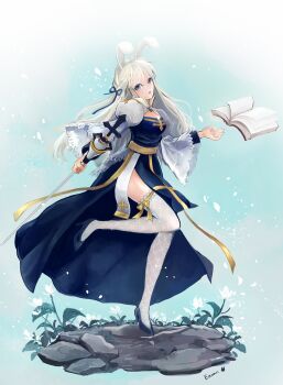  1girl animal_ears arch_bishop_(ragnarok_online) blue_background blue_dress blue_eyes blue_shoes book breasts bunny_day cleavage_cutout clothing_cutout commentary_request crosier cross dress fishnet_thighhighs fishnets floating floating_book floating_object flower full_body gobaku_no_hito grass high_heels highres holding holding_staff juliet_sleeves long_hair long_sleeves looking_at_viewer medium_breasts open_book open_mouth puffy_sleeves rabbit_ears rabbit_girl ragnarok_masters ragnarok_online sash shoes solo staff standing standing_on_one_leg thighhighs two-tone_dress white_dress white_flower white_hair white_thighhighs yellow_sash 