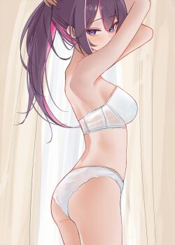  1girl arms_up ass azki_(hololive) black_hair bra breasts colored_inner_hair curtains double-parted_bangs from_side highres hololive indoors median_furrow medium_breasts mole mole_under_eye multicolored_hair panties pink_hair pink_streaks ponytail purple_eyes rifufu shoulder_blades solo strapless strapless_bra streaked_hair tying_hair underwear underwear_only virtual_youtuber white_bra white_panties white_streaks 