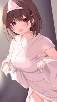  1girl armpits bra_visible_through_clothes breasts brown_hair childhood_friend-chan_(ramchi) collarbone ghost_costume ghost_pose hair_ornament hairclip highres japanese_clothes kimono large_breasts medium_hair obi original purple_eyes ramchi sarashi sash shiroshouzoku torn_clothes torn_kimono triangular_headpiece white_kimono x_hair_ornament 