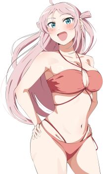  1girl absurdres ahoge bikini blue_eyes blush breasts cleavage commentary cowboy_shot hands_on_own_hips highres large_breasts long_hair looking_at_viewer love_live! love_live!_nijigasaki_high_school_idol_club mole mole_under_eye multi-strapped_bikini_bottom navel official_alternate_costume pink_bikini pink_hair solo standing stomach swimsuit two_side_up uchuu_no_mozuku zhong_lanzhu zhong_lanzhu_(kujibikido_swimsuit) 