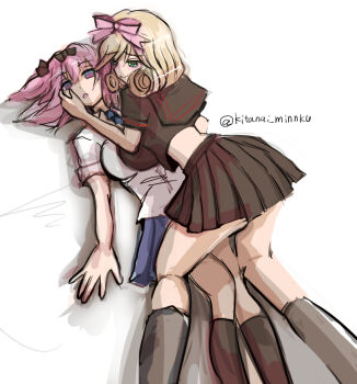 +_+ 2girls :o ass blue_eyes breast_press breasts brown_hair crop_top green_eyes haruka_(senran_kagura) hibari_(senran_kagura) hug large_breasts medium_hair minnku multiple_girls pink_hair senran_kagura short_hair short_sleeves skirt socks twintails yuri