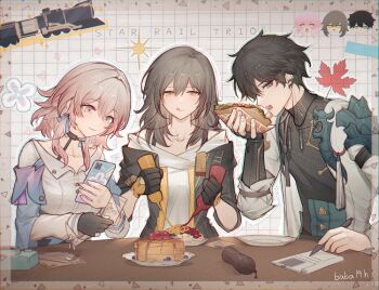  1boy 2girls :p baba19h bare_shoulders black_gloves black_jacket black_shirt blue_eyes blue_jacket breasts cake chinese_clothes coat collarbone commentary dan_heng_(honkai:_star_rail) dan_heng_(hunt)_(honkai:_star_rail) doner_kebab doner_sandwich earrings eating english_commentary flower_ornament food gloves gradient_eyes green_eyes grey_hair hair_between_eyes holding holding_phone honkai:_star_rail honkai_(series) jacket jewelry long_hair long_sleeves march_7th_(honkai:_star_rail) march_7th_(preservation)_(honkai:_star_rail) medium_hair multicolored_eyes multiple_girls open_mouth phone pink_hair pita_(food) revision saucer shirt short_hair small_breasts smile stelle_(honkai:_star_rail) tongue tongue_out trailblazer_(honkai:_star_rail) two-tone_eyes white_coat white_shirt yellow_eyes 
