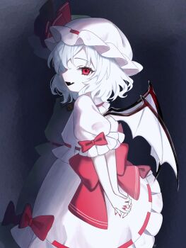  1girl arms_behind_back bat_wings black_mouth blue_hair bow fang hat hat_ribbon highres homura_(homura_me) interlocked_fingers looking_at_viewer mob_cap open_mouth own_hands_together pink_hat pink_shirt pink_skirt puffy_short_sleeves puffy_sleeves red_bow red_eyes red_nails remilia_scarlet ribbon ribbon-trimmed_skirt ribbon_trim shirt short_sleeves skin_fang skirt sleeve_bow smile solo touhou wings 