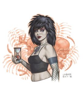  1girl 2015 ankh_necklace black_hair black_tank_top blue_eyes breasts commentary dc_comics death_of_the_endless detached_sleeves earrings english_commentary fishnet_sleeves fishnets highres holding hoop_earrings hourglass jewelry joe_linsner looking_to_the_side signature skull small_breasts solo tank_top the_sandman_(dc) upper_body 