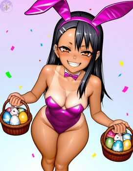  1girl animal_costume basket black_hair breasts bunny_girl curvy easter easter_egg egg female_pervert grin highleg highleg_leotard highres ijiranaide_nagatoro-san leotard long_hair looking_at_viewer nagatoro_hayase naughty_face one-piece_tan pervert presenting rabbit rabbit_costume rabbit_ears sexually_suggestive shiny_skin smile tan tanline wide_hips  rating:Explicit score:83 user:ahegahotwhorespa