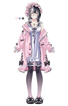  1girl black_bow black_hair black_nails black_pantyhose bow braid breasts closed_mouth coat color_guide design_speculation frilled_hairband frills glasses grey_hair hair_bow hair_ornament hairband hashtag-only_commentary highres hololive hololive_english jewelry key key_necklace large_breasts long_sleeves looking_at_viewer low_twin_braids multicolored_hair nail_polish necklace nightgown off_shoulder open_clothes open_coat pantyhose pink_bow pink_coat puffy_long_sleeves puffy_sleeves round_eyewear shiori_novella simple_background sleepwear slippers smile solo split-color_hair standing tachi-e twin_braids two-tone_hair virtual_youtuber white_background white_nightgown yellow_eyes yomosaka yorick_(shiori_novella) 