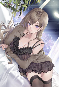  1girl akatsuki_hijiri black_thighhighs breasts brown_hair cleavage closed_mouth commentary_request copyright_request curtains hair_between_eyes highres indoors large_breasts long_hair looking_at_viewer lying off_shoulder on_bed pillow purple_eyes signature sky smile star_(sky) starry_sky thighhighs 