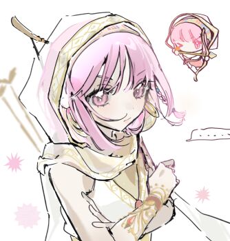  >_o ... 1girl anthony86928 arrow_(projectile) bare_shoulders beads blunt_bangs blush_stickers bow_(weapon) bracelet braid cloak closed_mouth crossed_arms determined dot_nose drawing_bow earrings eyelashes floating_hair frown gold_bracelet gold_earrings hair_beads hair_ornament hairband highres holding holding_arrow holding_bow_(weapon) holding_weapon hood hood_up hooded_cloak hoop_earrings infinity_nikki jewelry light_blush lipstick long_skirt looking_at_viewer makeup multicolored_hairband multiple_bracelets multiple_views nikki_(nikki) nikki_(series) one_eye_closed pink_eyes pink_hair pink_lips purifying_wind_(infinity_nikki) red_skirt shirt short_hair side_braid side_slit single_blush_sticker single_braid skirt sleeveless sleeveless_shirt speech_bubble spoken_ellipsis weapon weapon_on_back white_background white_cloak white_shirt 