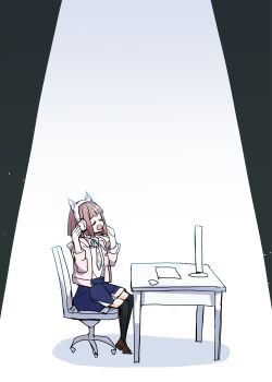  1girl animal_ear_headphones animal_ears black_thighhighs blue_necktie blue_skirt brown_shoes cat_ear_headphones cat_ears chair closed_eyes collared_shirt commentary desk fake_animal_ears full_body hands_on_headphones headphones highres hood hooded_jacket ikizulive!_1st_live_~what_is_my_l?~ ikizulive!_love_live!_bluebird jacket kanduki_kamibukuro long_sleeves love_high_school_uniform love_live! miniskirt monitor necktie office_chair on_chair open_clothes open_jacket open_mouth over-kneehighs pink_jacket pink_necktie plaid_clothes plaid_necktie pleated_skirt sasaki_shion school_uniform shirt shoes simple_background sitting skirt solo spotlight swivel_chair thighhighs white_background white_shirt 