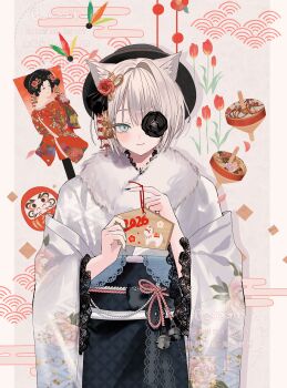  1girl animal_ear_fluff animal_ears black_flower black_hat black_kimono blue_eyes blush border brown_background chiemo_(xcem) commentary_request daruma_doll egasumi ema flower flower_over_eye fur-trimmed_kimono fur_trim grey_hair hagoita hane_(hanetsuki) hat highres holding holding_ema japanese_clothes kimono long_sleeves looking_at_viewer obi original paddle sash seigaiha shadow short_hair simple_background smile solo spinning_top twitter_username two-tone_kimono watermark white_border white_kimono wide_sleeves 