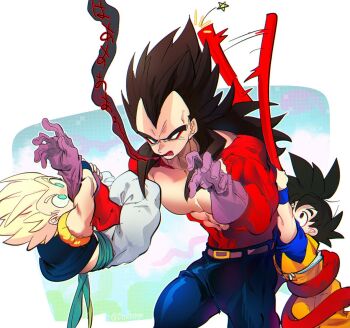 black_hair blue_eyes blue_sash child dougi dragon_ball dragon_ball_daima dragon_ball_gt dragonball_z gloves gotenks long_hair male_focus metamoran_vest monkey_boy monkey_tail multiple_boys muscular muscular_male ommmyoh open_mouth pants red_fur ruyi_jingu_bang saiyan sash son_goku spiked_hair super_saiyan super_saiyan_1 super_saiyan_4 tail twitter_username vegeta