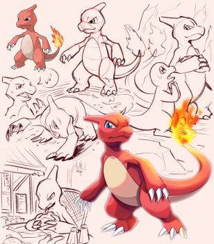  all_fours blue_eyes chair charmander charmeleon claws closed_mouth commentary_request eating fiery_tail fire flame-tipped_tail gen_1_pokemon highres horns looking_down looking_up nintendo pokemon pokemon_(creature) pokemon_focus pokemon_rgby puos_(user_dcvp2324) single_horn sitting sketch standing tail 