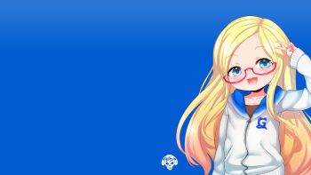  1girl :3 :d animal_ears arm_at_side blonde_hair blue_background blue_eyes blush born-to-die child collarbone cowboy_shot emblem female_focus flat_chest gelbooru gelbooru-tan glasses gradient_hair hand_up happy highres hood hood_down hoodie long_hair long_sleeves looking_at_viewer multicolored_hair official_art open_mouth orange_hair personification pink-framed_eyewear semi-rimless_eyewear sidelocks simple_background sleeves_past_wrists smile solo standing swept_bangs tail under-rim_eyewear v very_long_hair zipper 