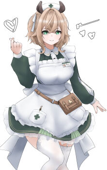  1girl absurdres aidoruhakase animal_ears breasts brown_hair commentary cowboy_shot dress english_commentary green_dress green_eyes highres indie_virtual_youtuber large_breasts simple_background solo tapir_ears tapir_girl thighhighs virtual_youtuber white_background white_thighhighs 